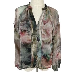 HAVER London Watercolor Print Sheer Button Blouse Top XS Cottagecore Ballet